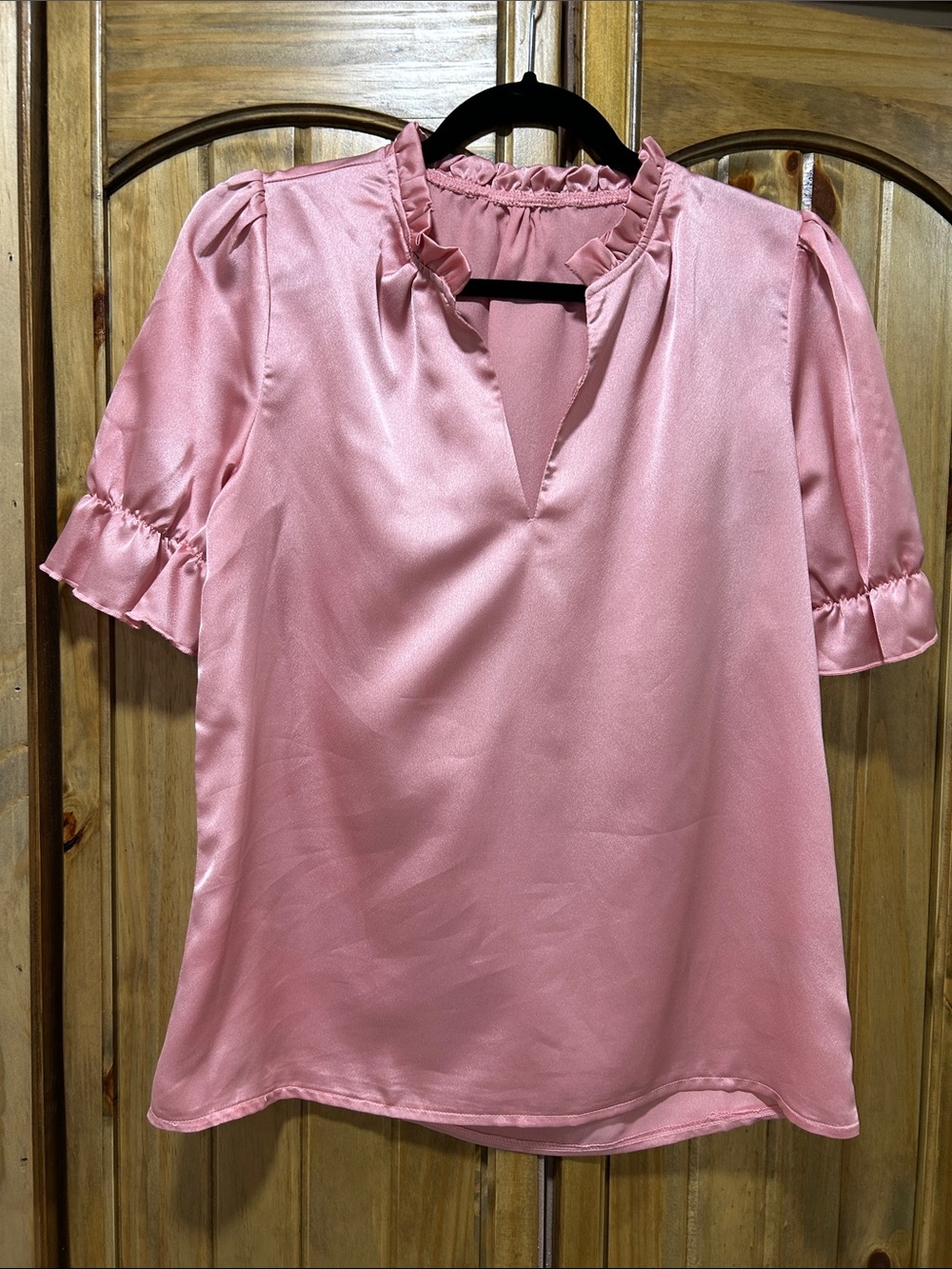 SHEIN Soft Pink Ruffle-Trim V-Neck Short Sleeve Blouse